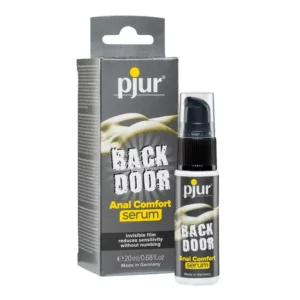 pjur BACK DOOR Anal Serumt Spray in 20ml in grey color bottle. The packaging box in grey color at the left side of the bottle.
