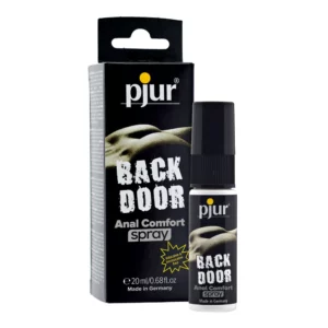 pjur BACK DOOR Anal Comfort Spray in 20ml in black color bottle. The packaging box in black color at the left side of the bottle.