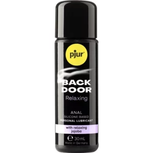 pjur BACK DOOR Relaxing Silicone-based lub for anal in 30ml size in a black bottle with brad name pjur in yellow color design.