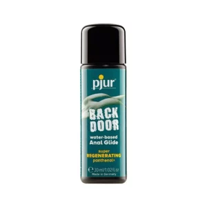 pjur BACK DOOR Regenerating water-based lub for anal in 30ml size in a green theme bottle with brand name pjur in white color.