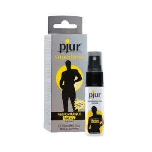 pjur Superhero Performance spray in 20ml in grey color bottle. The packaging box in grey color at the left side of the bottle.