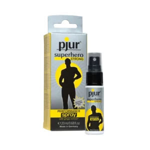 pjur Superhero STRONG Performance & Delay spray in 20ml in grey color bottle. The packaging box in grey color at the left side of the bottle.
