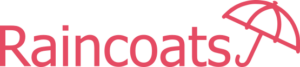 Raincoats logo in pink, featuring the brand name 'Raincoats' with an umbrella icon integrated into the design at the right side.