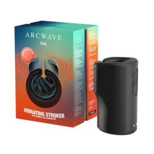 Arcwave Zing black vibrating stroker shown beside its retail box with a teal-to-orange gradient design on a light grey background.