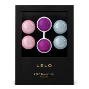 LELO Beads Plus Pleasure Set in black display box with pink, purple and light blue beads