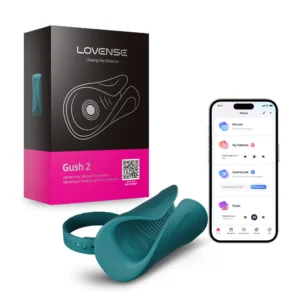 Lovense Gush 2 product set with box, teal device, ring strap and app screen