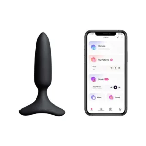 Black Lovense Hush 2 (1 inch) butt plug beside smartphone showing Lovense app on white background