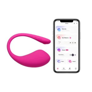 Pink Lovense Lush 3 wearable vibrator beside a smartphone showing the app screen