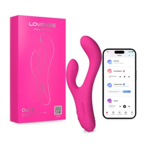 Pink Lovense Osci 3 rabbit vibrator with retail box and smartphone app screen