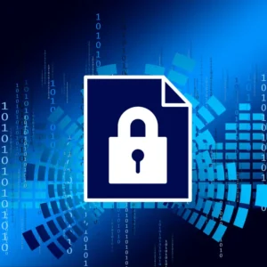Image shows a lock symbol on a digital background.