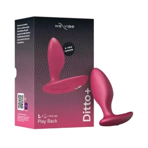 Pink and black We-Vibe Ditto+ retail box with pink product beside it