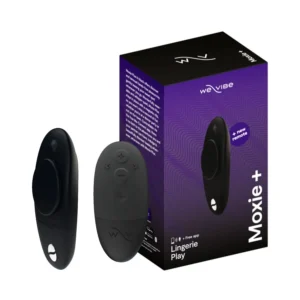 Black We-Vibe Moxie+ with black remote and purple retail box