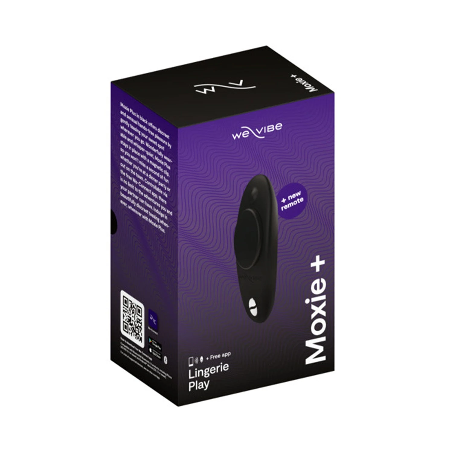 Purple and black We-Vibe Moxie+ retail box angled front view