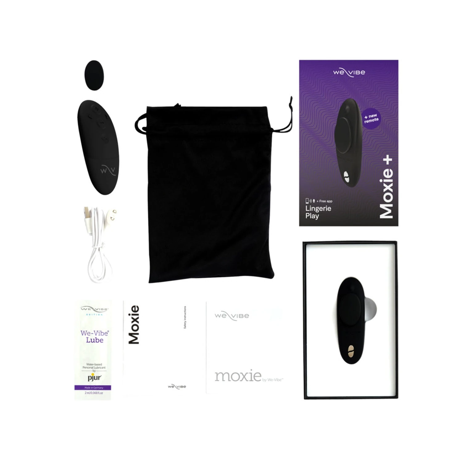 Black We-Vibe Moxie+ set with remote, pouch, charging cable, booklet and purple box