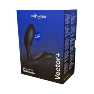 Blue and black We-Vibe Vector+ retail box front angled view