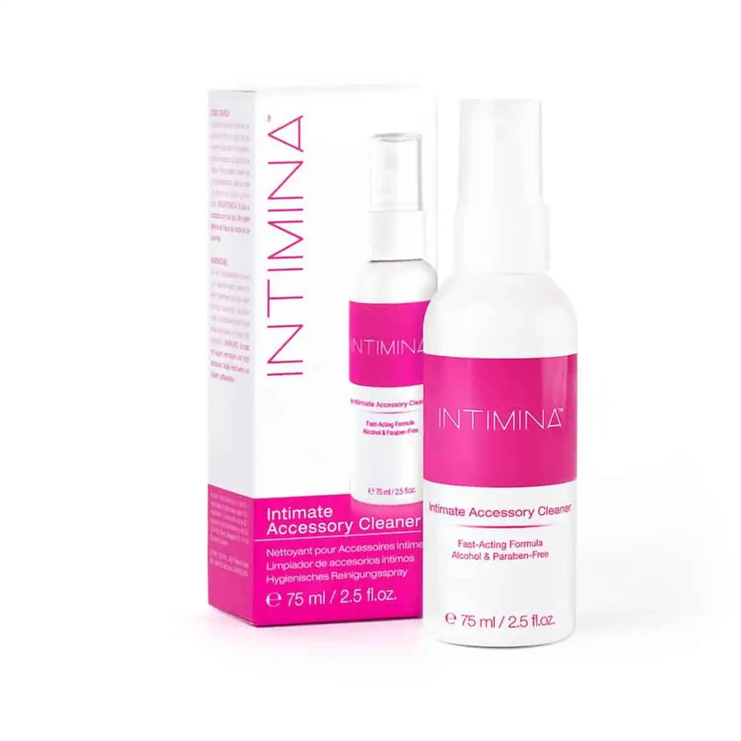 INTIMINA Intimate Accessory Cleaner 75 ml spray bottle with product box and duplicate bottle image in background.