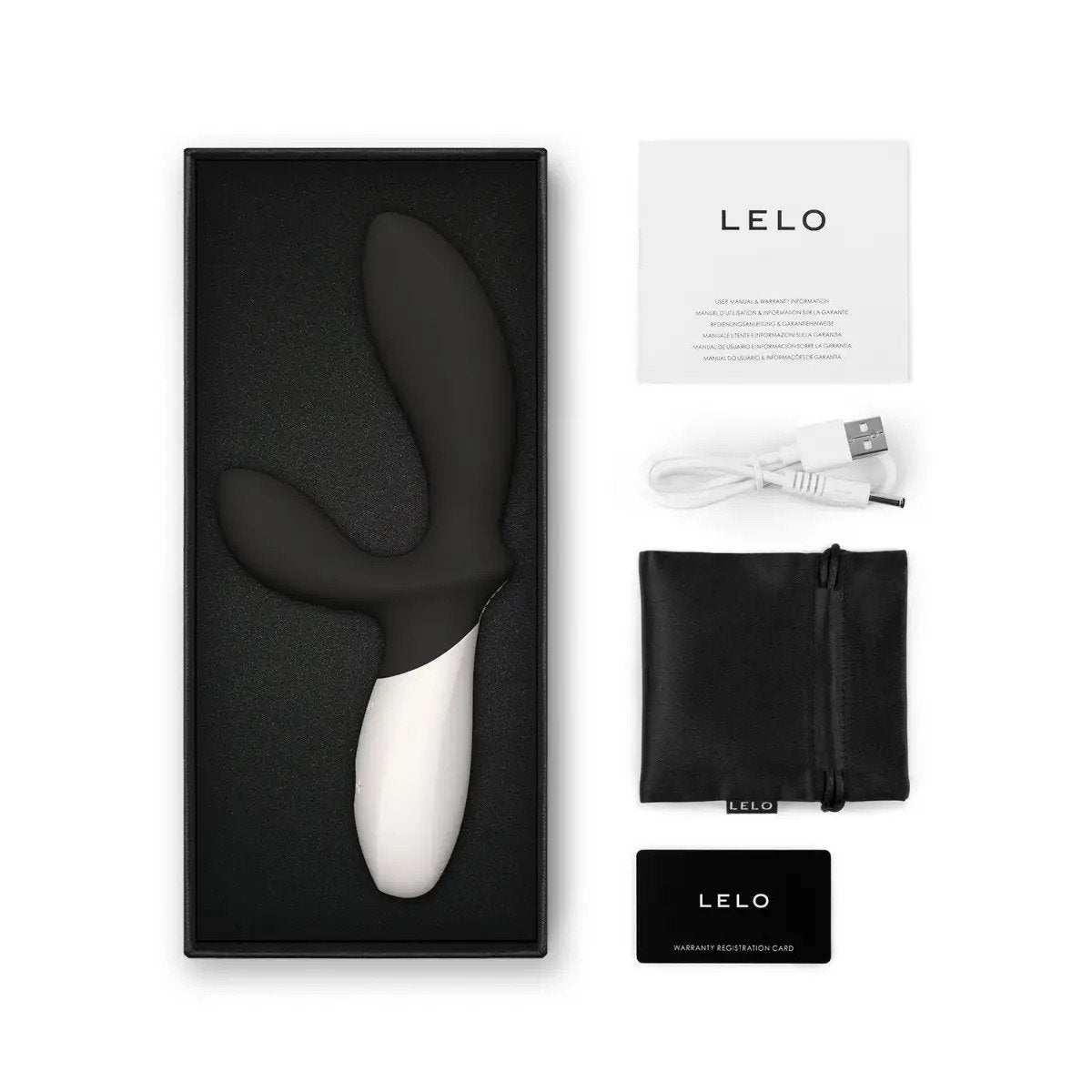 LELO LOKI Wave 2 in black and white with box contents and accessories