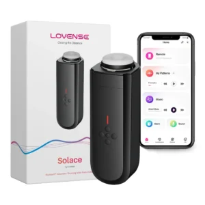 Lovense Solace automatic thrusting male masturbator with retail box and app interface