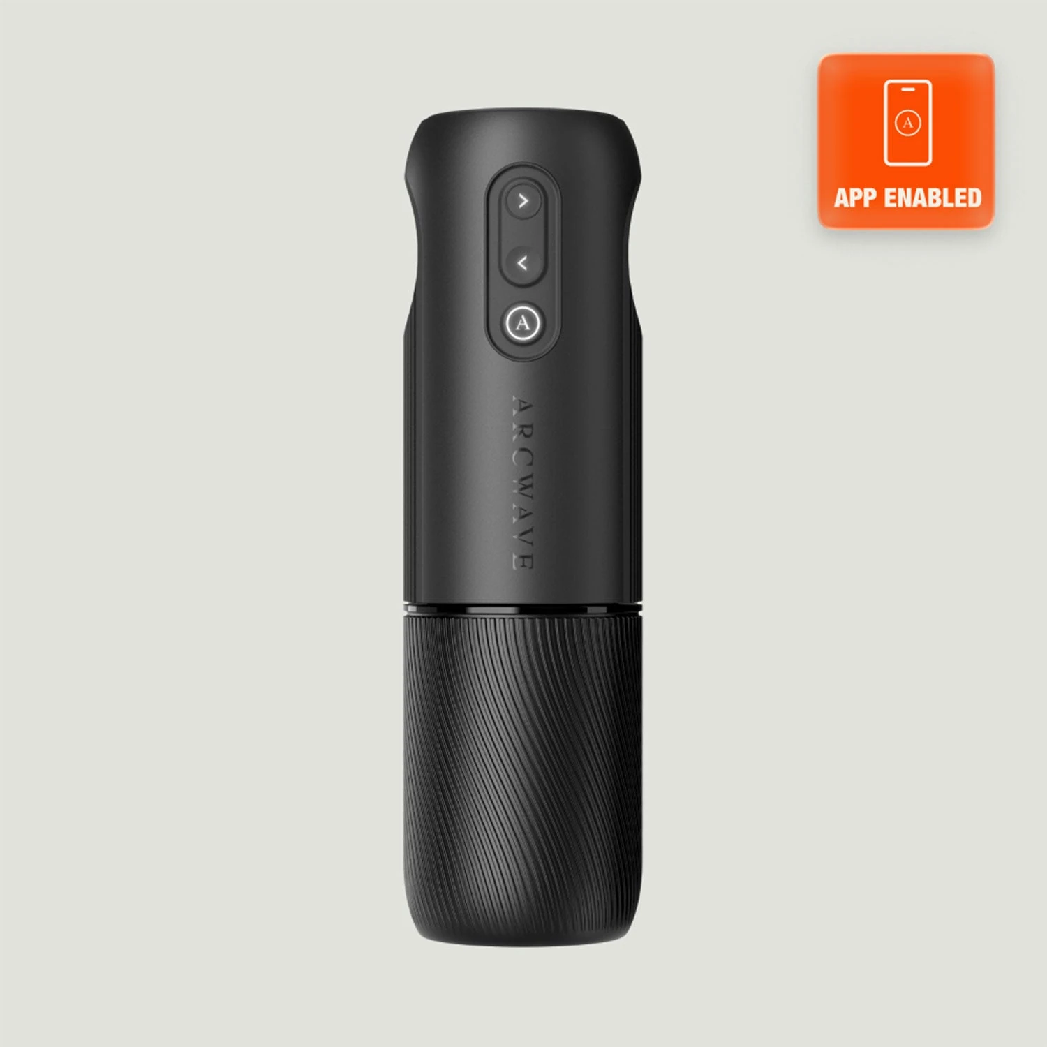 Arcwave Orbit app-enabled rotating male stroker in black front view.