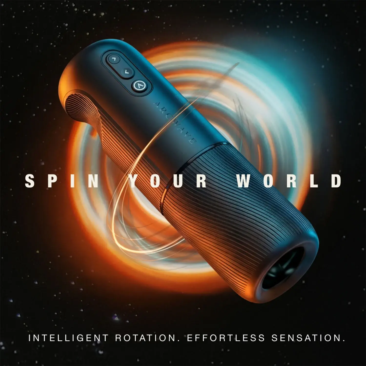 Arcwave Orbit rotating male stroker with Spin Your World graphic.
