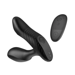 Arcwave Perk black prostate vibrator with black remote control on white background.
