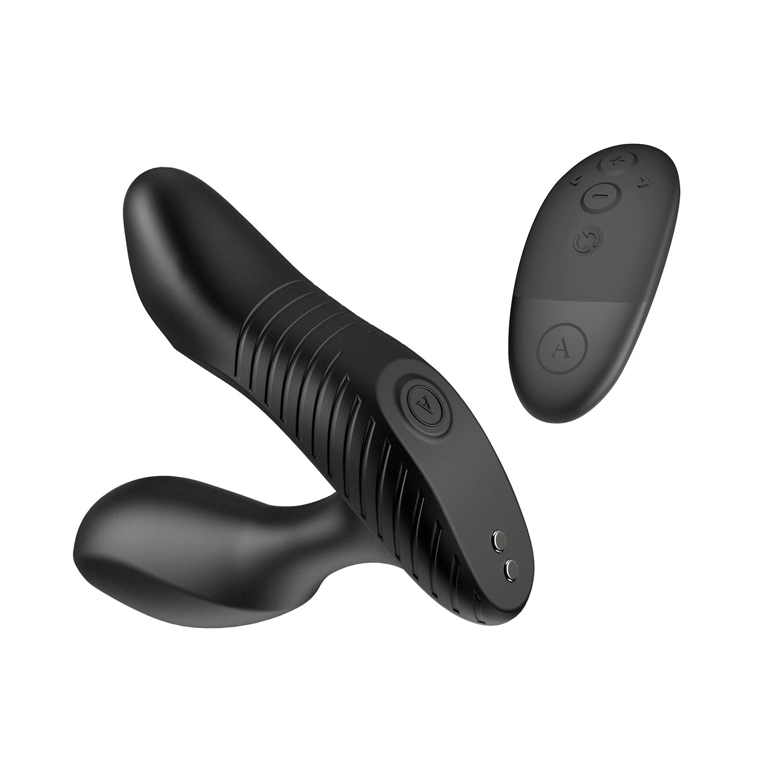 Arcwave Perk black prostate vibrator with black remote control on white background.