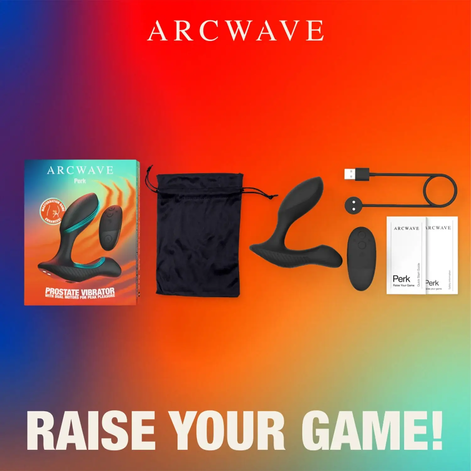 Arcwave Perk package contents flat lay with box pouch cable remote and product