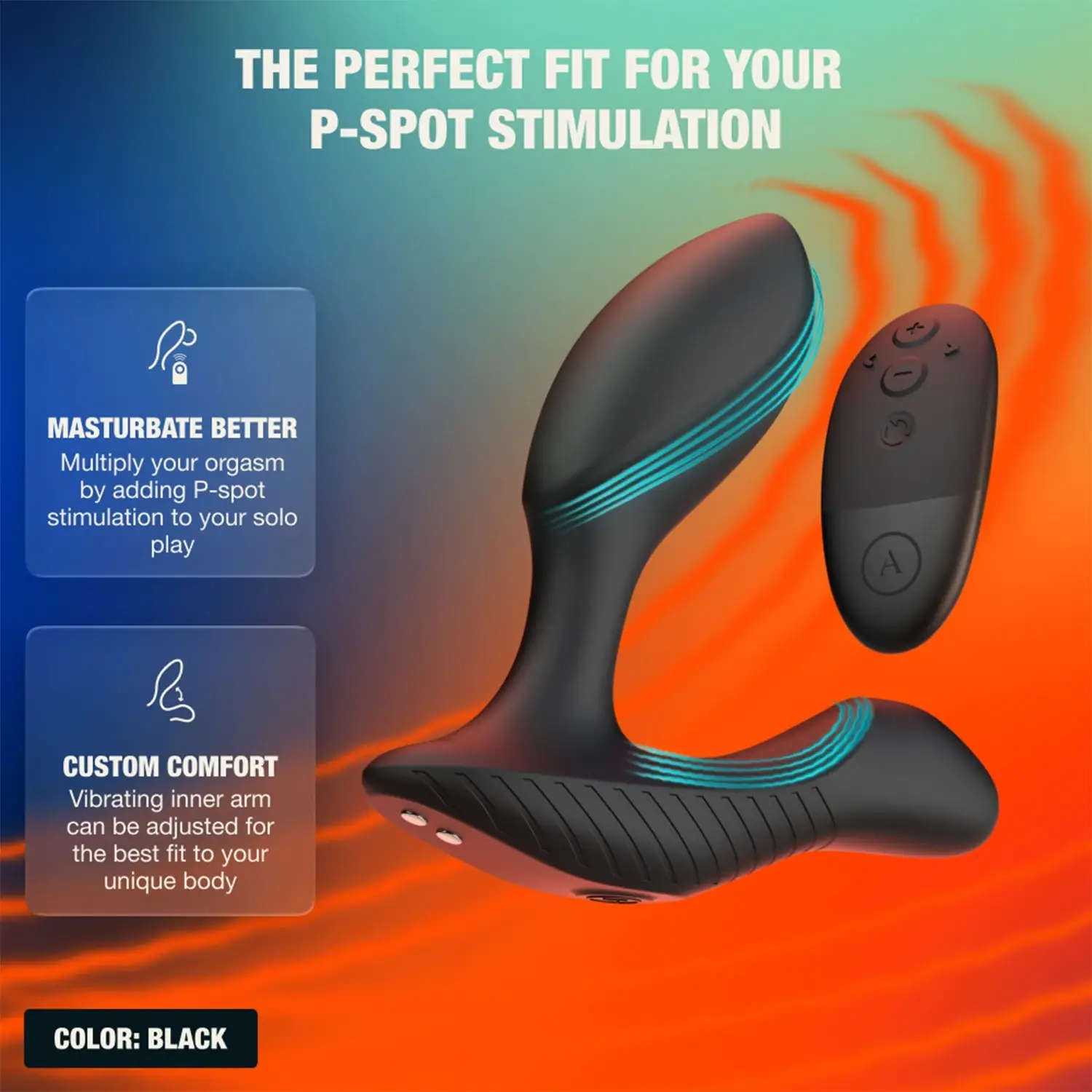 Arcwave Perk black prostate vibrator showing adjustable P-spot stimulation and remote control