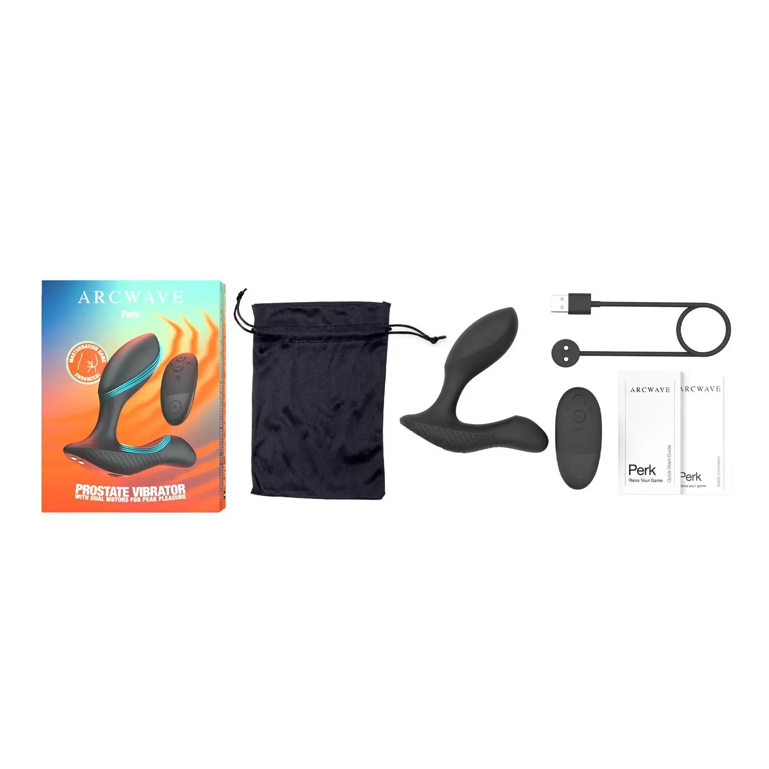 Arcwave Perk black prostate vibrator package contents with remote and charging cable