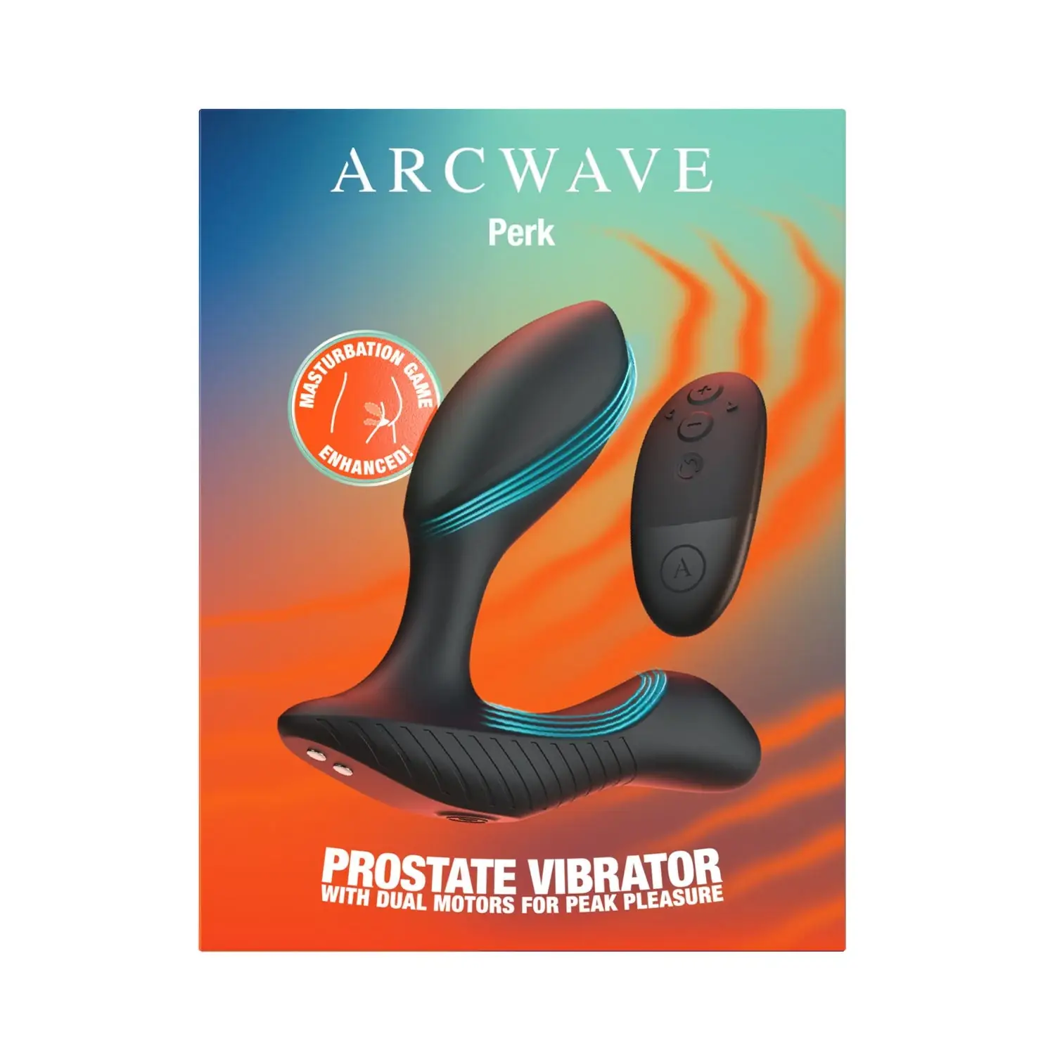Arcwave Perk black prostate vibrator and remote shown on retail box