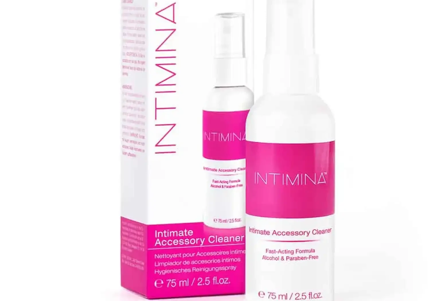 INTIMINA Intimate Accessory Cleaner 75 ml spray bottle with product box and duplicate bottle image in background.